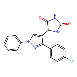 5-(3-(4-fluorophenyl)-1-phenyl-1H-pyrazol-4-yl)-2,4-imidazolidinedione structure