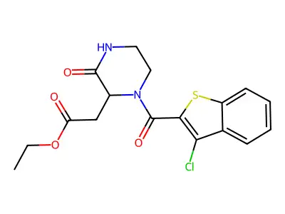 Ethyl 2-[1-(3-chloro-1-benzothiophene-2-carbonyl)-3-oxopiperazin-2-yl]acetate structure