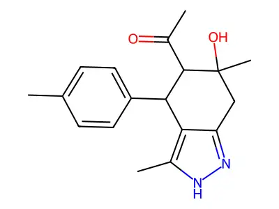 1-[6-hydroxy-3,6-dimethyl-4-(4-methylphenyl)-4,5,6,7-tetrahydro-2H-indazol-5-yl]ethanone structure