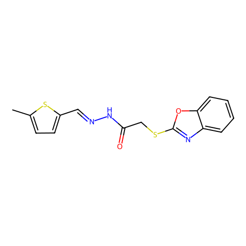 (E)-2-(benzo[d]oxazol-2-ylthio)-N'-((5-methylthiophen-2-yl)methylene)acetohydrazide structure