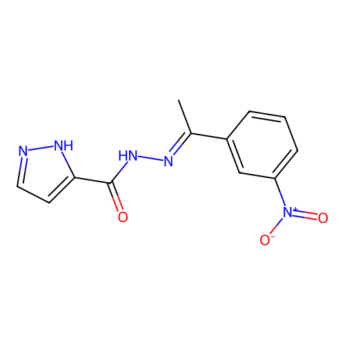 N-[1-(3-nitrophenyl)ethylideneamino]-1H-pyrazole-5-carboxamide structure