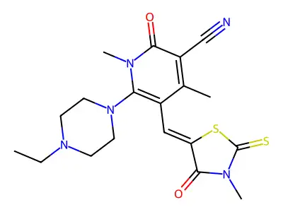 6-(4-ethylpiperazin-1-yl)-1,4-dimethyl-5-[(3-methyl-4-oxo-2-sulfanylidene-1,3-thiazolidin-5-ylidene)methyl]-2-oxopyridine-3-carbonitrile structure