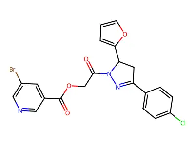 [2-[5-(4-chlorophenyl)-3-(furan-2-yl)-3,4-dihydropyrazol-2-yl]-2-oxoethyl] 5-bromopyridine-3-carboxylate structure