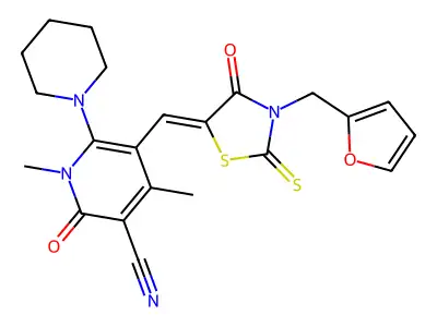 5-[[3-(furan-2-ylmethyl)-4-oxo-2-sulfanylidene-1,3-thiazolidin-5-ylidene]methyl]-1,4-dimethyl-2-oxo-6-piperidin-1-ylpyridine-3-carbonitrile structure