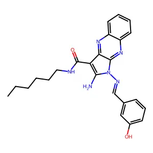 2-amino-N-hexyl-1-[(3-hydroxyphenyl)methylideneamino]pyrrolo[3,2-b]quinoxaline-3-carboxamide structure