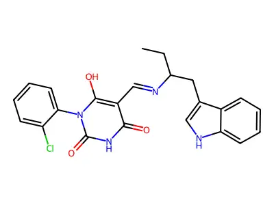 1-(2-chlorophenyl)-5-[[1-(1H-indol-3-yl)butan-2-ylamino]methylidene]-1,3-diazinane-2,4,6-trione structure