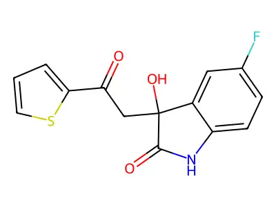 5-fluoro-3-hydroxy-3-(2-oxo-2-thiophen-2-ylethyl)-1H-indol-2-one structure