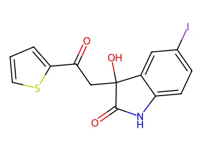 3-hydroxy-5-iodo-3-(2-oxo-2-thiophen-2-ylethyl)-1H-indol-2-one structure