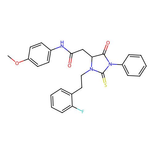 2-{3-[2-(2-fluorophenyl)ethyl]-5-oxo-1-phenyl-2-thioxoimidazolidin-4-yl}-N-(4-methoxyphenyl)acetamide structure