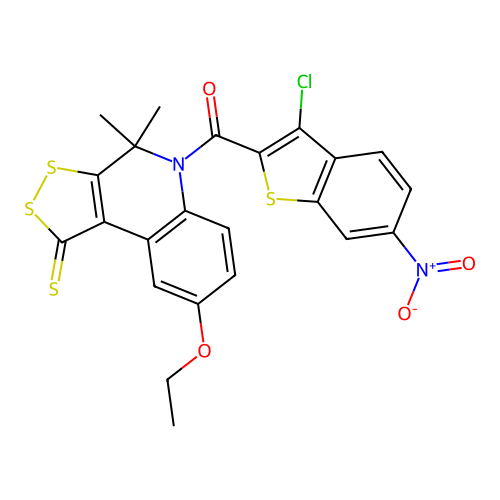(3-chloro-6-nitro-1-benzothiophen-2-yl)(8-ethoxy-4,4-dimethyl-1-thioxo-1,4-dihydro-5H-[1,2]dithiolo[3,4-c]quinolin-5-yl)methanone structure