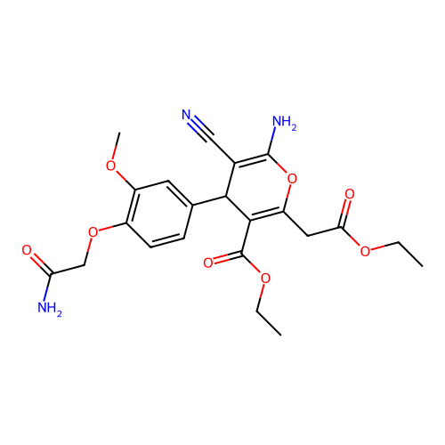 ethyl 6-amino-4-[4-(2-amino-2-oxoethoxy)-3-methoxyphenyl]-5-cyano-2-(2-ethoxy-2-oxoethyl)-4H-pyran-3-carboxylate structure