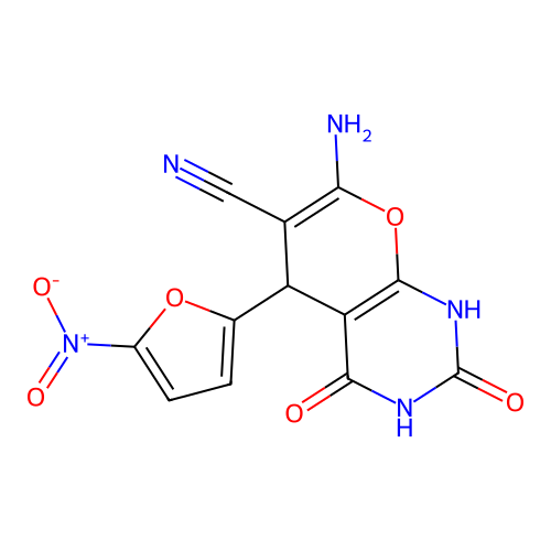 7-amino-5-(5-nitrofuran-2-yl)-2,4-dioxo-1,5-dihydropyrano[2,3-d]pyrimidine-6-carbonitrile structure