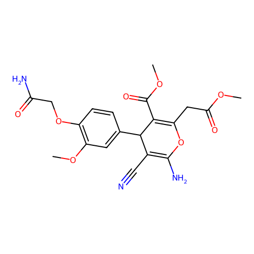 methyl 6-amino-4-[4-(2-amino-2-oxoethoxy)-3-methoxyphenyl]-5-cyano-2-(2-methoxy-2-oxoethyl)-4H-pyran-3-carboxylate structure