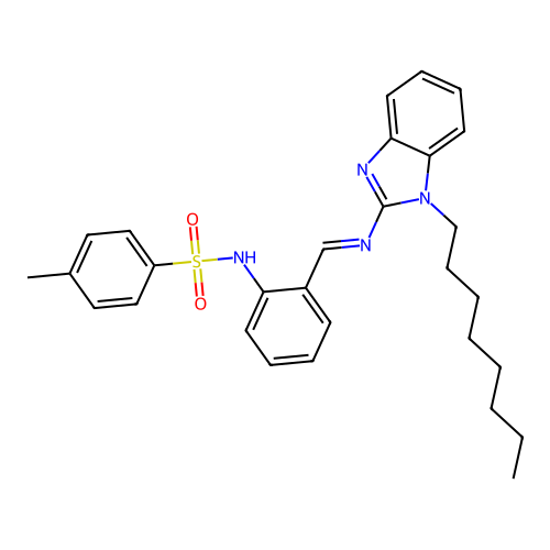 4-methyl-N-(2-(((1-octyl-1H-benzo[d]imidazol-2-yl)imino)methyl)phenyl)benzenesulfonamide structure