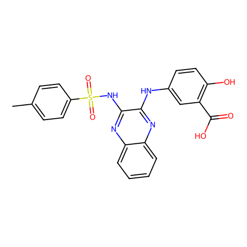 2-hydroxy-5-((3-(4-methylphenylsulfonamido)quinoxalin-2-yl)amino)benzoic acid structure