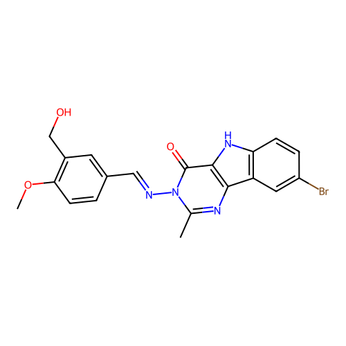 8-bromo-3-((3-(hydroxymethyl)-4-methoxybenzylidene)amino)-2-methyl-3H-pyrimido[5,4-b]indol-4(5H)-one structure