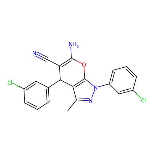 6-amino-1,4-bis(3-chlorophenyl)-3-methyl-1,4-dihydropyrano[2,3-c]pyrazole-5-carbonitrile structure