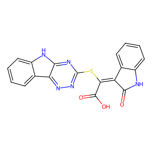 (2E)-2-(2-oxo-1H-indol-3-ylidene)-2-(5H-[1,2,4]triazino[5,6-b]indol-3-ylsulfanyl)acetic acid structure