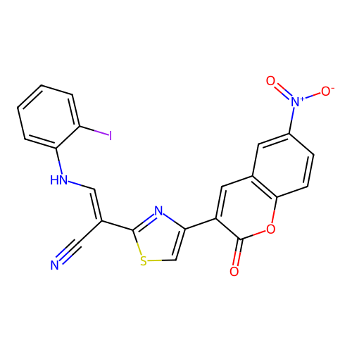 3-((2-iodophenyl)amino)-2-(4-(6-nitro-2-oxo-2H-chromen-3-yl)thiazol-2-yl)acrylonitrile structure