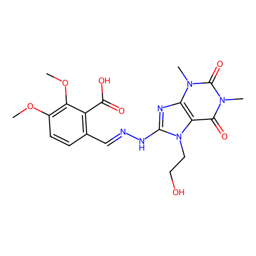 6-((2-(7-(2-hydroxyethyl)-1,3-dimethyl-2,6-dioxo-2,3,6,7-tetrahydro-1H-purin-8-yl)hydrazono)methyl)-2,3-dimethoxybenzoic acid structure