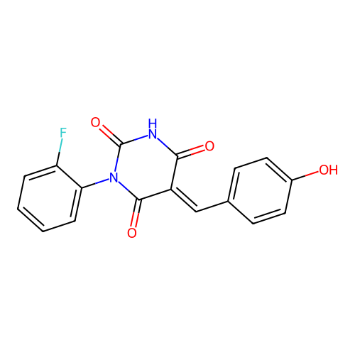 (E)-1-(2-fluorophenyl)-5-(4-hydroxybenzylidene)pyrimidine-2,4,6(1H,3H,5H)-trione structure