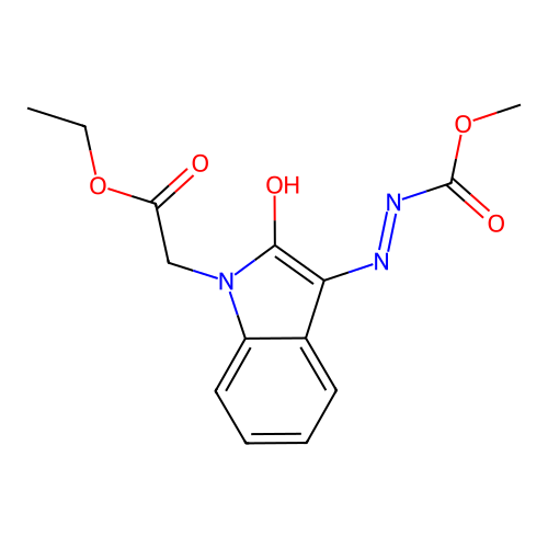 (E)-methyl 2-(1-(2-ethoxy-2-oxoethyl)-2-oxoindolin-3-ylidene)hydrazinecarboxylate structure