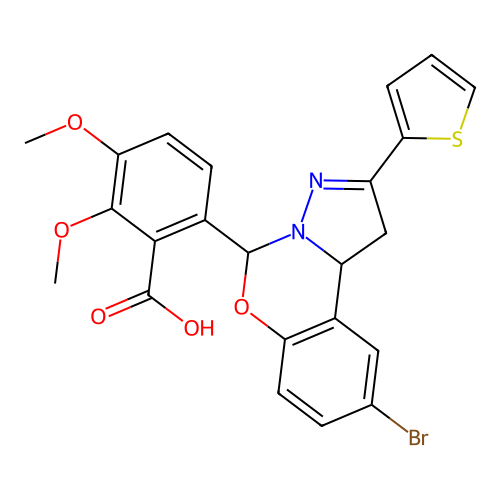 6-(9-bromo-2-(thiophen-2-yl)-5,10b-dihydro-1H-benzo[e]pyrazolo[1,5-c][1,3]oxazin-5-yl)-2,3-dimethoxybenzoic acid structure