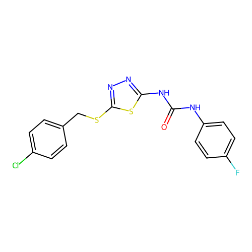 1-(5-((4-chlorobenzyl)thio)-1,3,4-thiadiazol-2-yl)-3-(4-fluorophenyl)urea structure