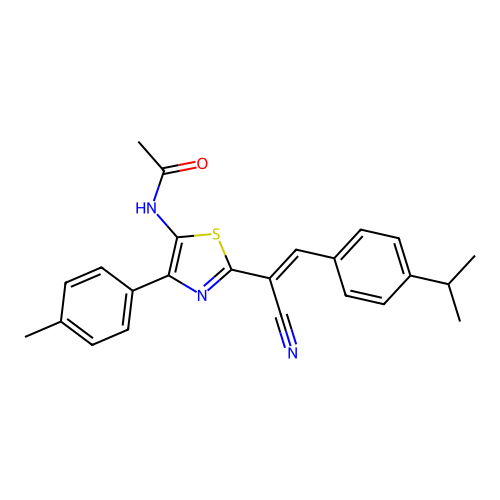 (E)-N-(2-(1-cyano-2-(4-isopropylphenyl)vinyl)-4-(p-tolyl)thiazol-5-yl)acetamide structure