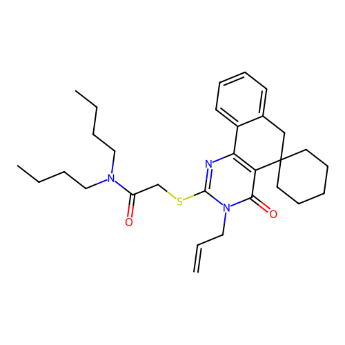 2-((3-allyl-4-oxo-4,6-dihydro-3H-spiro[benzo[h]quinazoline-5,1'-cyclohexan]-2-yl)thio)-N,N-dibutylacetamide structure