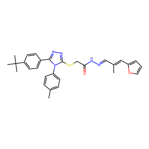 (E)-2-((5-(4-(tert-butyl)phenyl)-4-(p-tolyl)-4H-1,2,4-triazol-3-yl)thio)-N'-((E)-3-(furan-2-yl)-2-methylallylidene)acetohydrazide structure