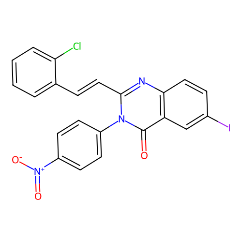 2-[(E)-2-(2-chlorophenyl)ethenyl]-6-iodo-3-(4-nitrophenyl)quinazolin-4(3H)-one structure