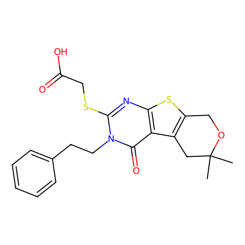 {[6,6-dimethyl-4-oxo-3-(2-phenylethyl)-3,5,6,8-tetrahydro-4H-pyrano[4',3':4,5]thieno[2,3-d]pyrimidin-2-yl]sulfanyl}acetic acid structure