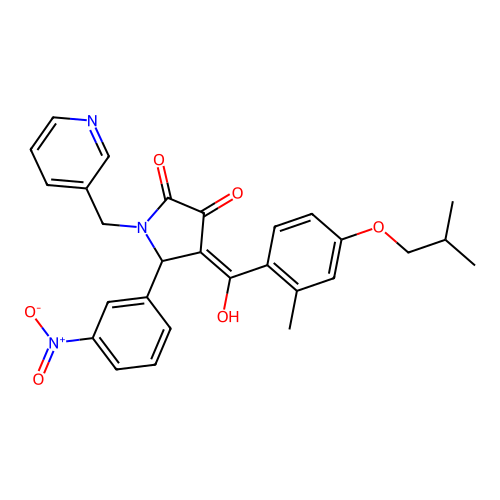 (4E)-4-[hydroxy-[2-methyl-4-(2-methylpropoxy)phenyl]methylidene]-5-(3-nitrophenyl)-1-(pyridin-3-ylmethyl)pyrrolidine-2,3-dione structure