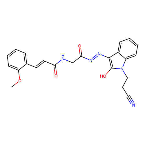 (2E)-N-(2-{(2Z)-2-[1-(2-cyanoethyl)-2-oxo-1,2-dihydro-3H-indol-3-ylidene]hydrazinyl}-2-oxoethyl)-3-(2-methoxyphenyl)prop-2-enamide (non-preferred name) structure
