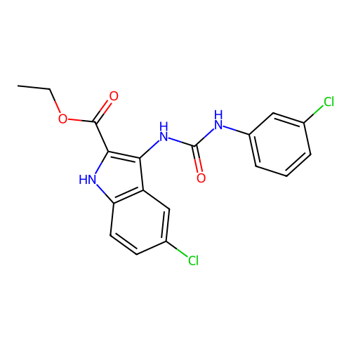 ethyl 5-chloro-3-{[(3-chlorophenyl)carbamoyl]amino}-1H-indole-2-carboxylate structure