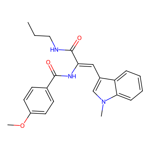 4-methoxy-N-[2-(1-methylindol-3-yl)-1-(propylcarbamoyl)ethenyl]benzamide structure