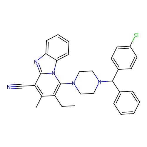 1-(4-((4-chlorophenyl)(phenyl)methyl)piperazin-1-yl)-2-ethyl-3-methylbenzo[4,5]imidazo[1,2-a]pyridine-4-carbonitrile structure