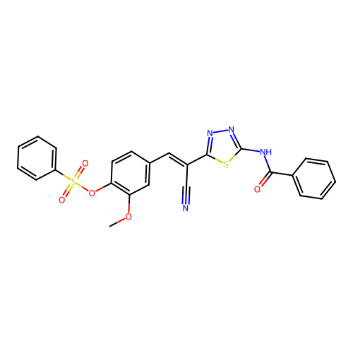 (E)-4-(2-(5-benzamido-1,3,4-thiadiazol-2-yl)-2-cyanovinyl)-2-methoxyphenyl benzenesulfonate structure