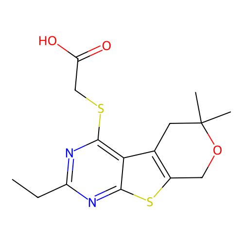 [(2-ethyl-6,6-dimethyl-5,8-dihydro-6H-pyrano[4',3':4,5]thieno[2,3-d]pyrimidin-4-yl)sulfanyl]acetic acid structure