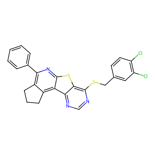 7-((3,4-dichlorobenzyl)thio)-4-phenyl-2,3-dihydro-1H-cyclopenta[4',5']pyrido[3',2':4,5]thieno[3,2-d]pyrimidine structure