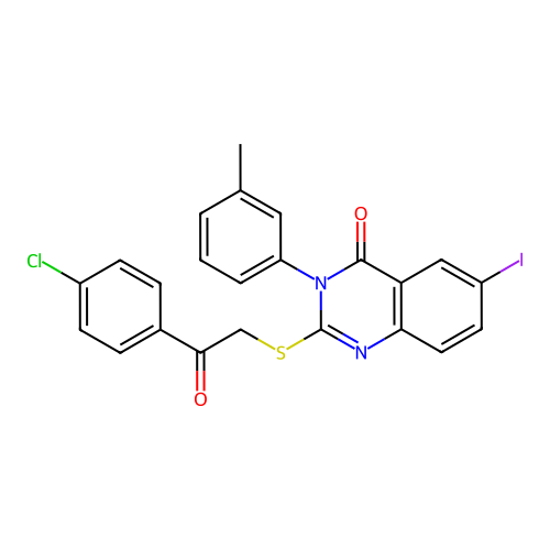2-((2-(4-chlorophenyl)-2-oxoethyl)thio)-6-iodo-3-(m-tolyl)quinazolin-4(3H)-one structure