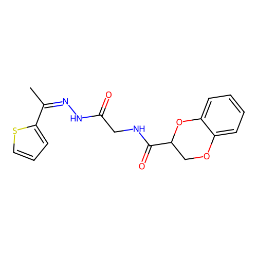(Z)-N-(2-oxo-2-(2-(1-(thiophen-2-yl)ethylidene)hydrazinyl)ethyl)-2,3-dihydrobenzo[b][1,4]dioxine-2-carboxamide structure