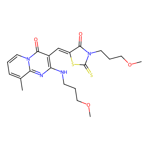 2-[(3-methoxypropyl)amino]-3-{(Z)-[3-(3-methoxypropyl)-4-oxo-2-thioxo-1,3-thiazolidin-5-ylidene]methyl}-9-methyl-4H-pyrido[1,2-a]pyrimidin-4-one structure