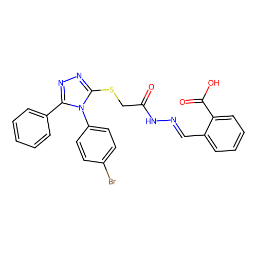 2-{(E)-[2-({[4-(4-bromophenyl)-5-phenyl-4H-1,2,4-triazol-3-yl]sulfanyl}acetyl)hydrazinylidene]methyl}benzoic acid structure