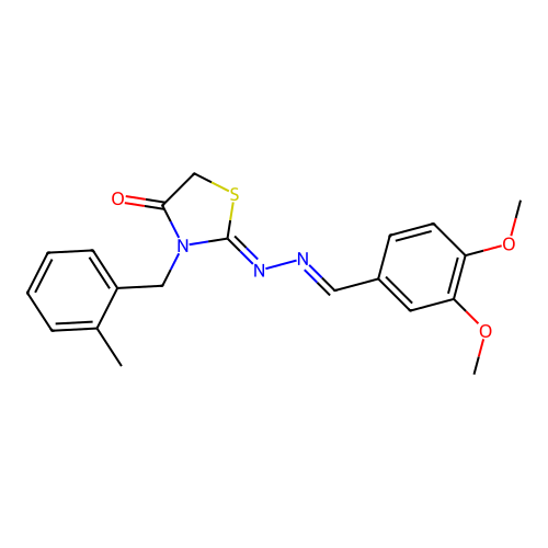 (Z)-2-((E)-(3,4-dimethoxybenzylidene)hydrazono)-3-(2-methylbenzyl)thiazolidin-4-one structure