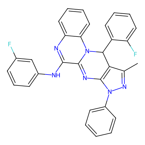 11-(2-fluorophenyl)-N-(3-fluorophenyl)-10-methyl-8-phenyl-8,11-dihydropyrazolo[3',4':4,5]pyrimido[1,2-a]quinoxalin-6-amine structure