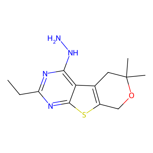 2-ethyl-4-hydrazinyl-6,6-dimethyl-5,8-dihydro-6H-pyrano[4',3':4,5]thieno[2,3-d]pyrimidine structure