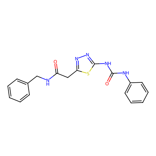 N-benzyl-2-[5-(phenylcarbamoylamino)-1,3,4-thiadiazol-2-yl]acetamide structure