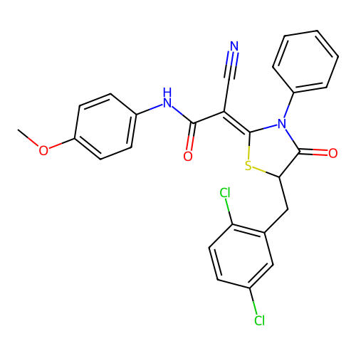(Z)-2-cyano-2-(5-(2,5-dichlorobenzyl)-4-oxo-3-phenylthiazolidin-2-ylidene)-N-(4-methoxyphenyl)acetamide structure